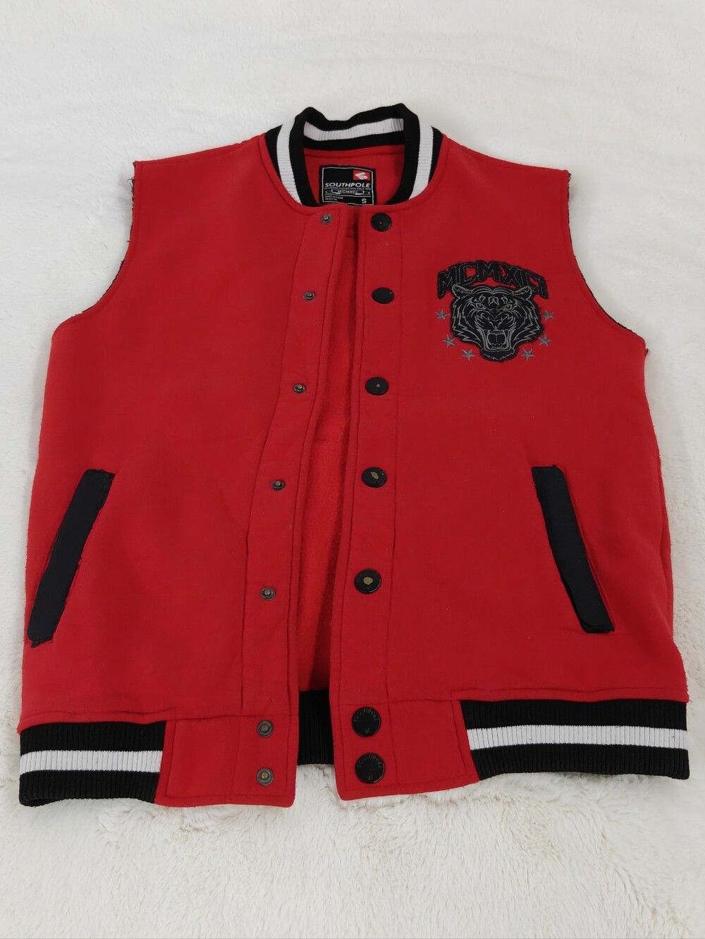 Sleeveless Varsity Jacket with Black Trim and Embroidered Chest S Red